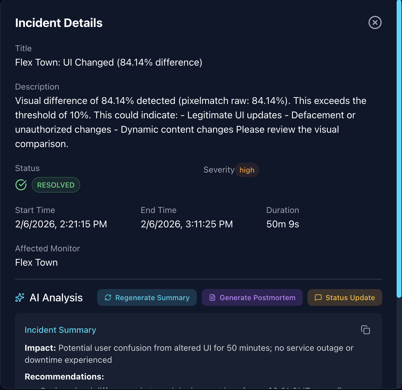 Incident panel — 84% diff, AI-generated summary