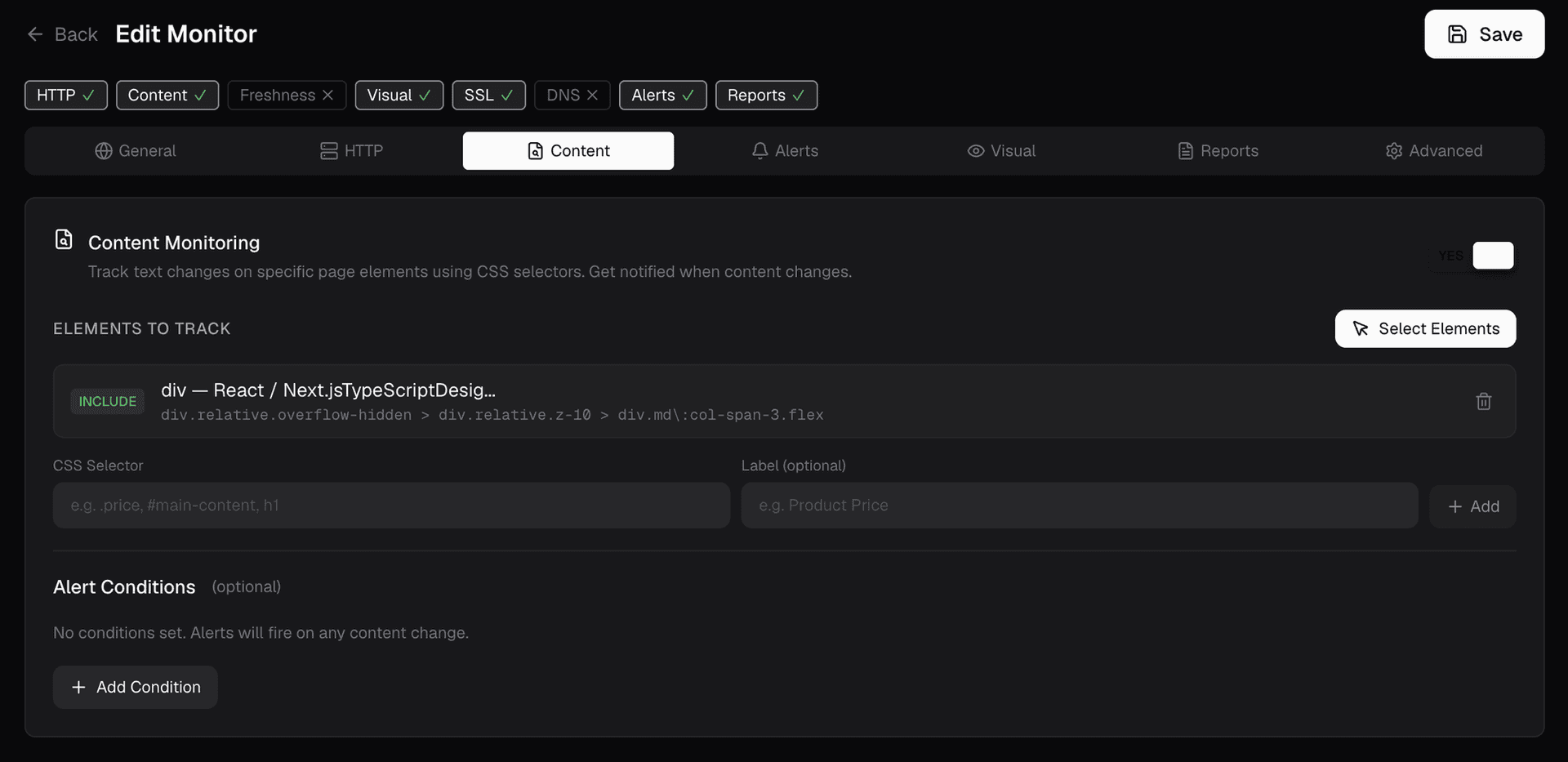Content Monitoring dashboard showing element tracking configuration with CSS selectors and alert conditions