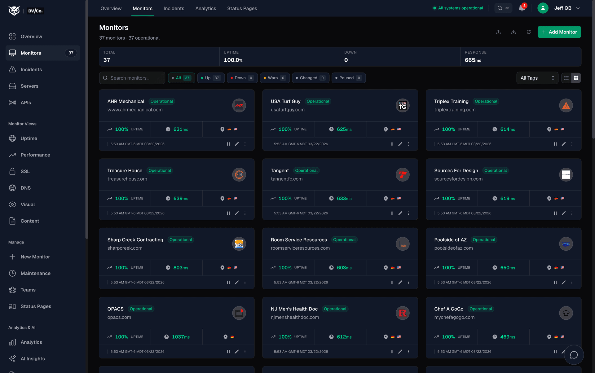 Visual Sentinel dashboard showing 37 monitors all operational with 100% uptime