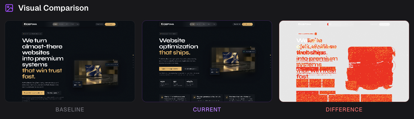 Visual comparison showing baseline, current, and pixel difference of a monitored website